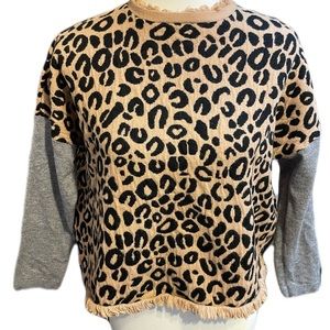 THML SIZE SMALL ANIMAL LEOPARD PRINT COLOR BLOCK FRINGE SWEATER